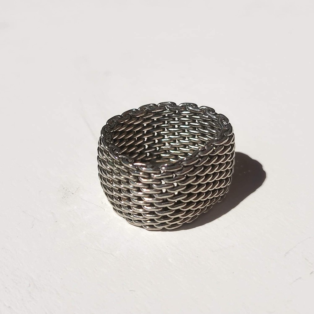 Vintage Sterling Silver Woven Mesh Chain Link Band Ring Size 9 Silver Wide